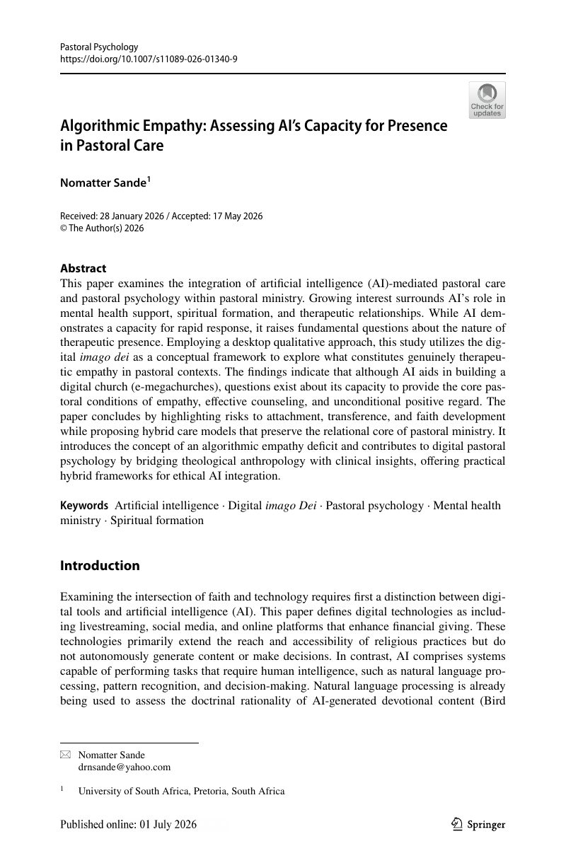 Algorithmic Empathy: Assessing AI’s Capacity for Presence in Pastoral Care