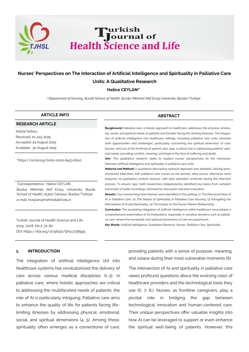 Nurses' Perspectives on The Interaction of Artificial Intelligence and Spirituality In Palliative Care Units: A Qualitative Research