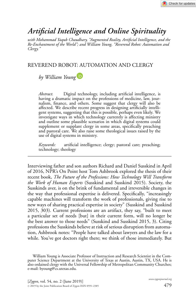 REVEREND ROBOT: AUTOMATION AND CLERGY: with Mohammad Yaqub Chaudhary, “Augmented Reality, Artificial Intelligence, and the Re‐Enchantment of the World”; and William Young, “Reverend Robot: Automation and Clergy.”