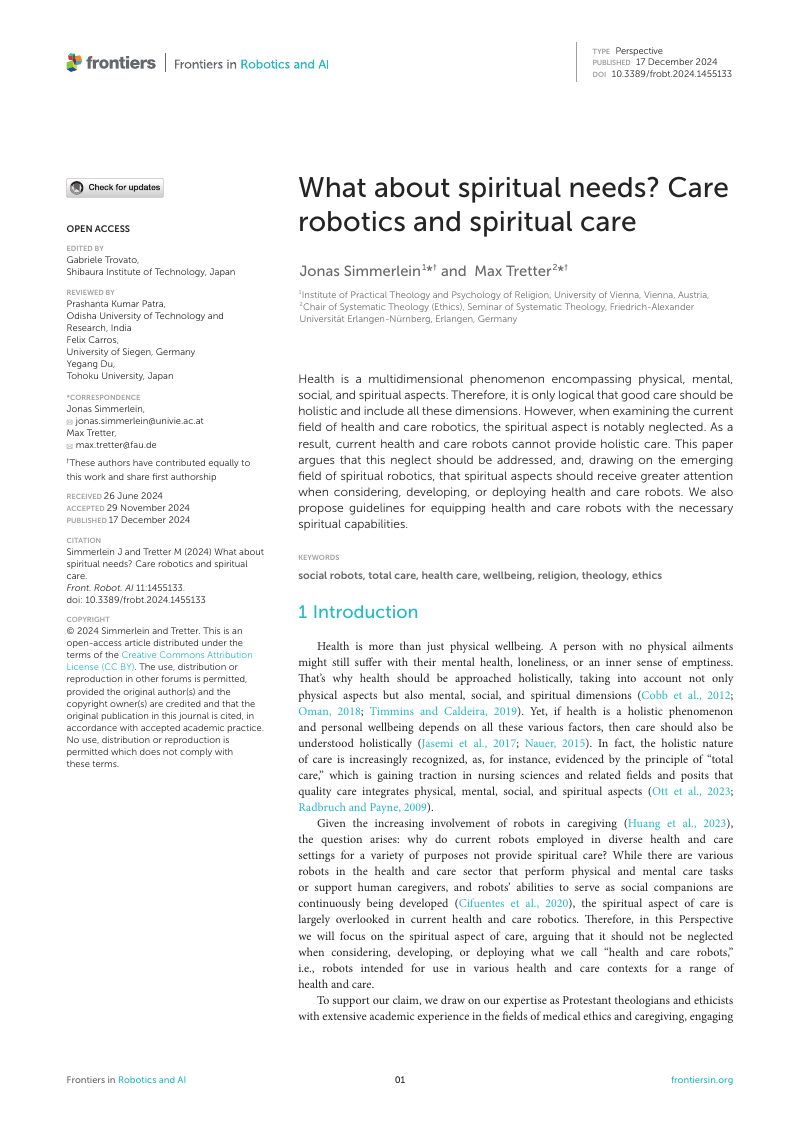 What about spiritual needs? Care robotics and spiritual care